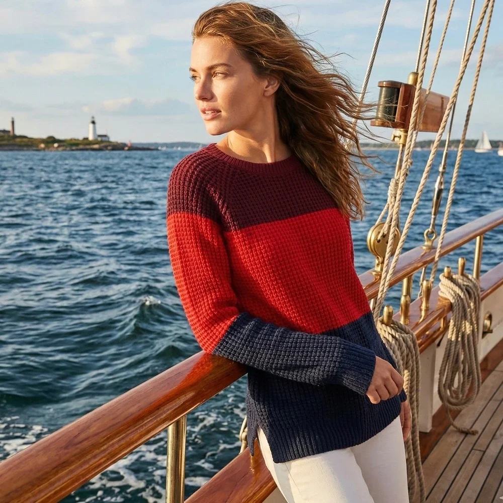 Marine Layer Delaney‎ Striped Waffle Knit Crewneck Sweater Red Navy Blue Small